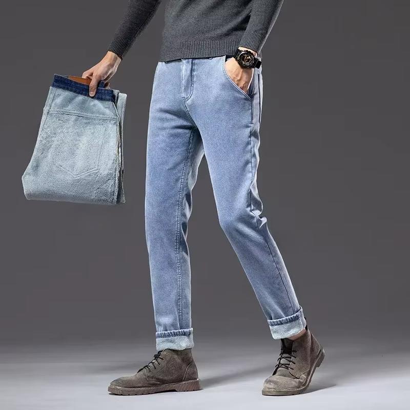 Winter Fleece Thick Warm Jeans Classic Brand Business Casual Men's Fitted Straight Stretch Mid-high Waist Denim Jeans