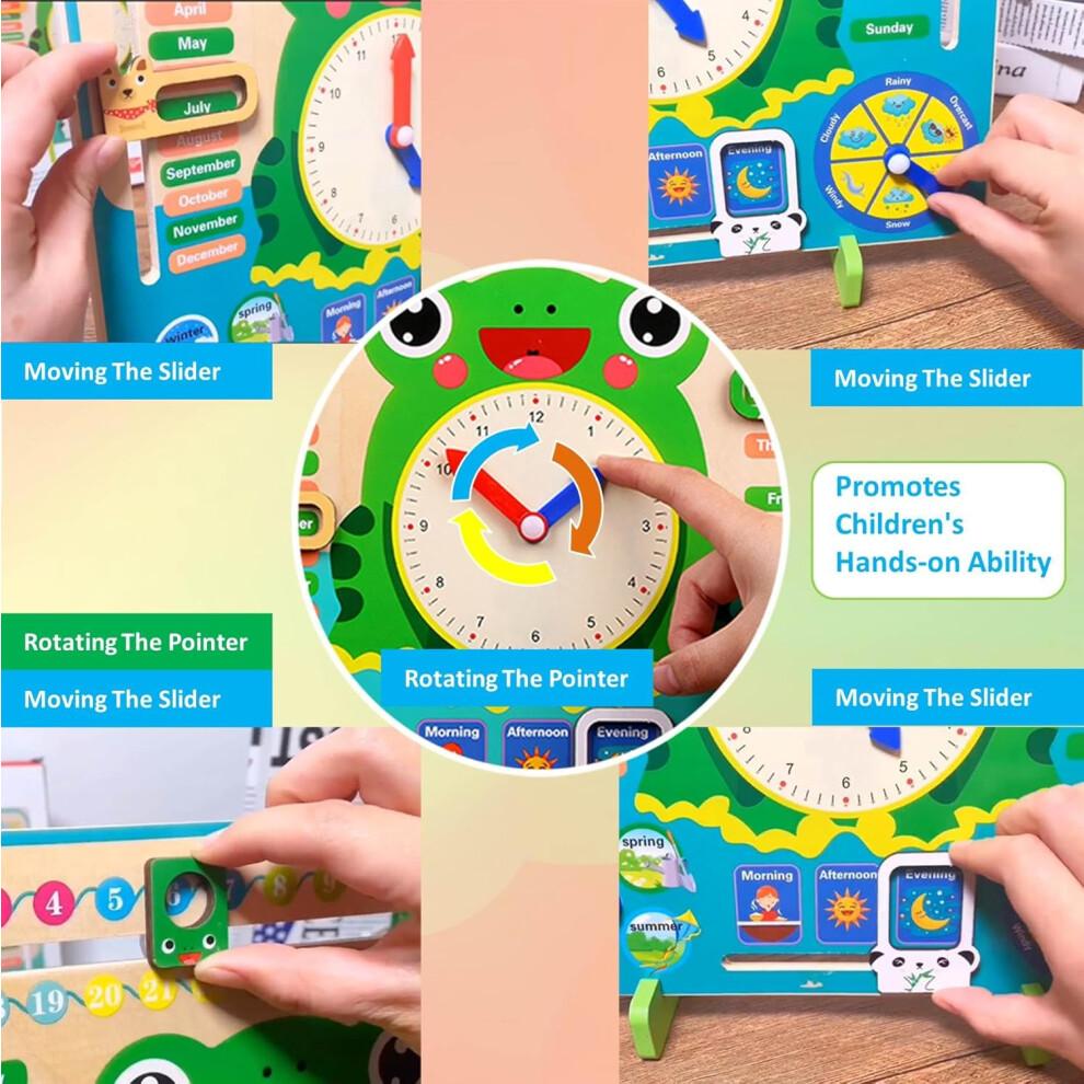 Wooden Calendar for Kids Montessori Learning Clock 7 in 1 Toddler Daily Calendar Educational Toy for Preschool Time Telling