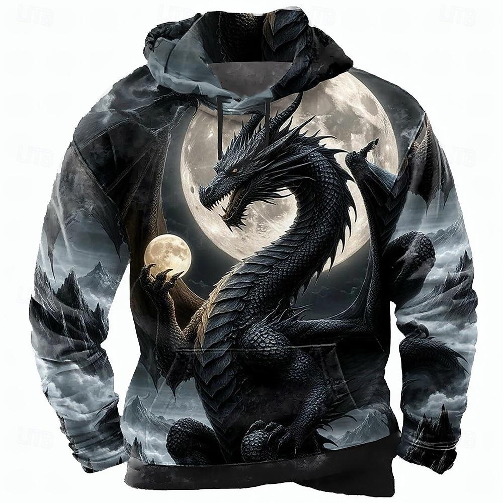 Men's Dragon 3D Hoodie Sweatshirt Cool Party Long Sleeve Crew Neck Club Streetwear 