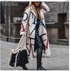 Moda Donna Casual Blocco Colore Stampa Autunno Inverno Manica Lunga Collo Polo Giubbotti e Cappotti Spessi in Velluto Plus Size