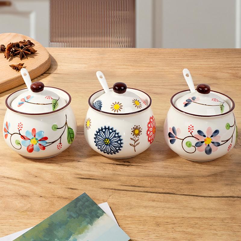 Ceramic seasoning Kitchen salt seasoning Storage box set Household good-looking oil-splashed chili Seasoning