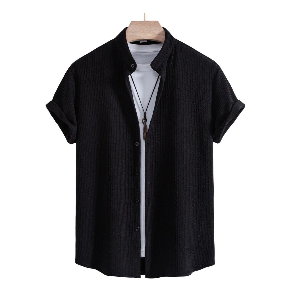 2025 Men's Solid Color Short Sleeve Lapel Shirt - European & American Casual
