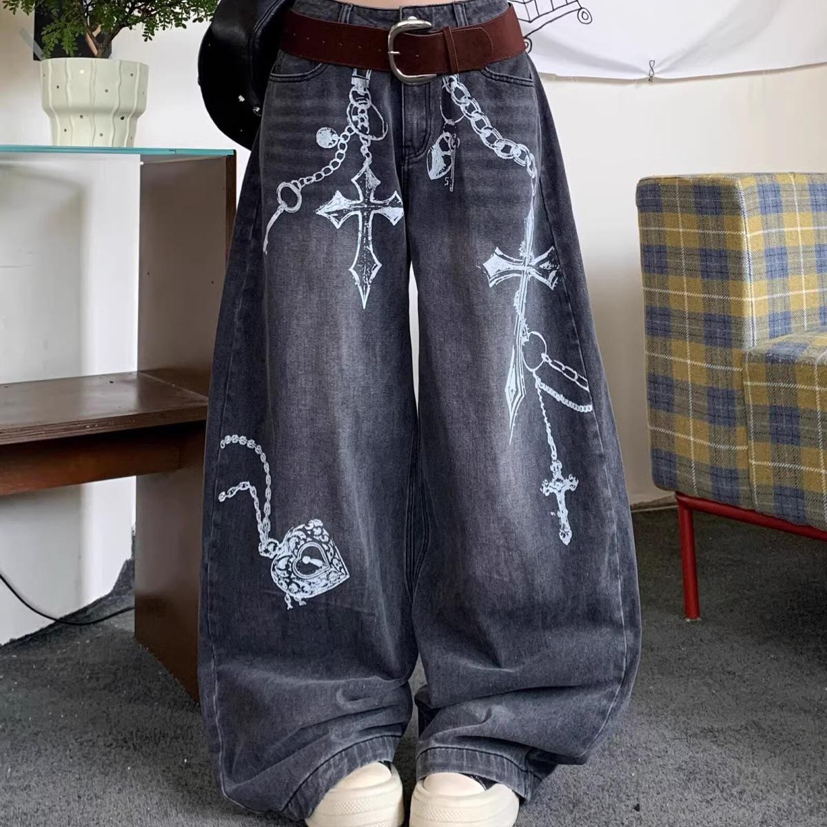 Unisex Retro Distressed Print Wide-Leg Jeans 3XL серый/чёрный