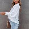 Solid Color Button Down Loose Women Shirt with Pleated Lantern Sleeves