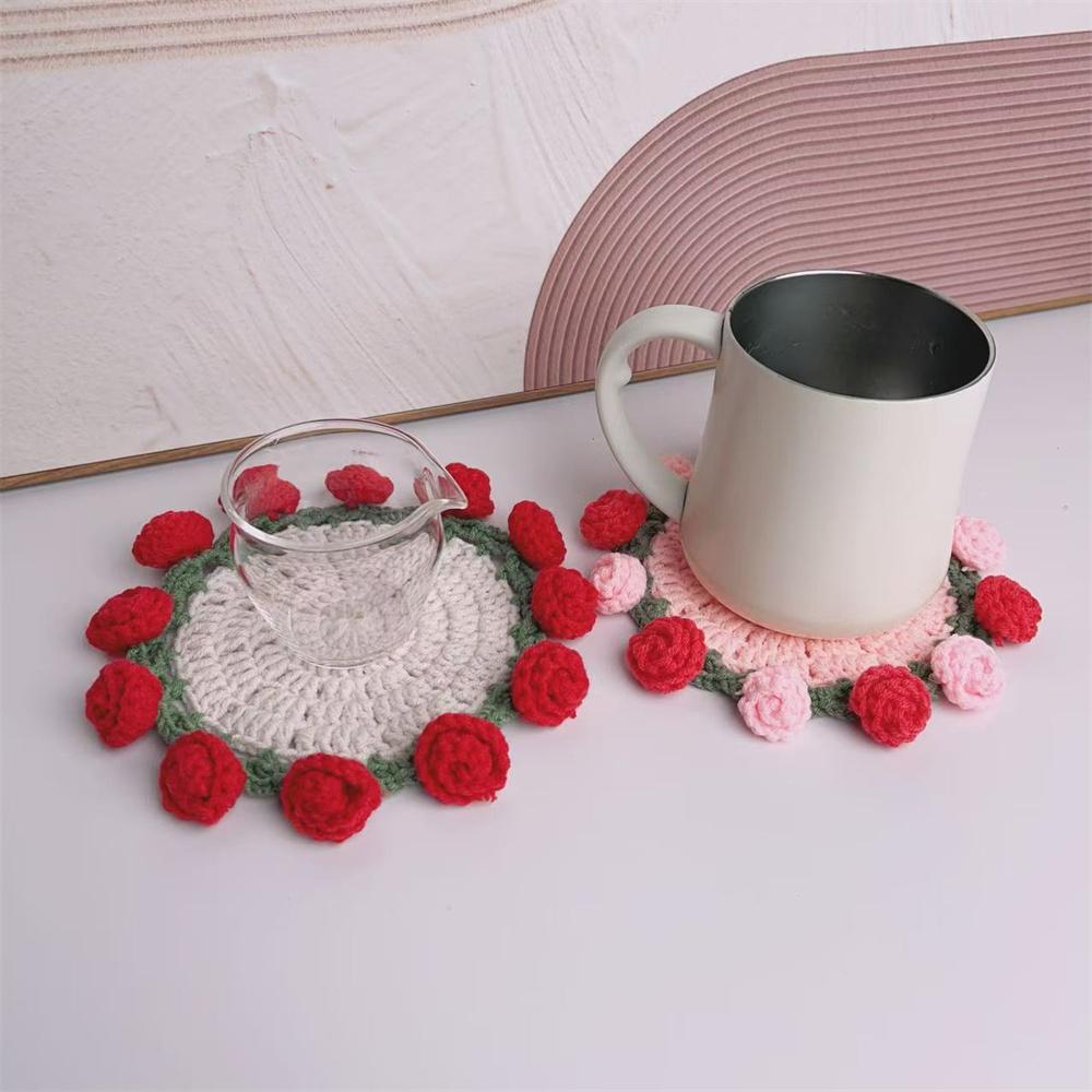 Rose Bouquet Coaster Crochet Flower Placemat Hand Woven Bouquet Cupmat Home Desktop Potted Plant Ornaments Mother's Day Gift