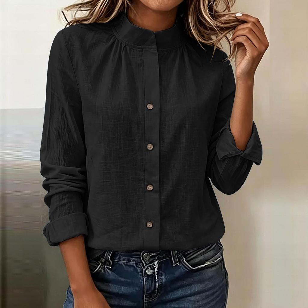 Camisa Casual de Manga Larga con Botones para Mujer Color Ajuste Relajado Cuello Blusa
