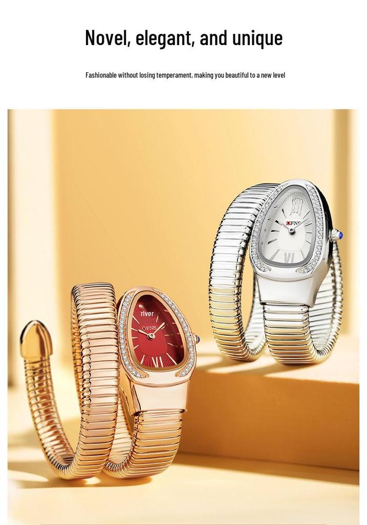 European Women's Luxury Snake-Shaped Waterproof Quartz Watch with Diamonds