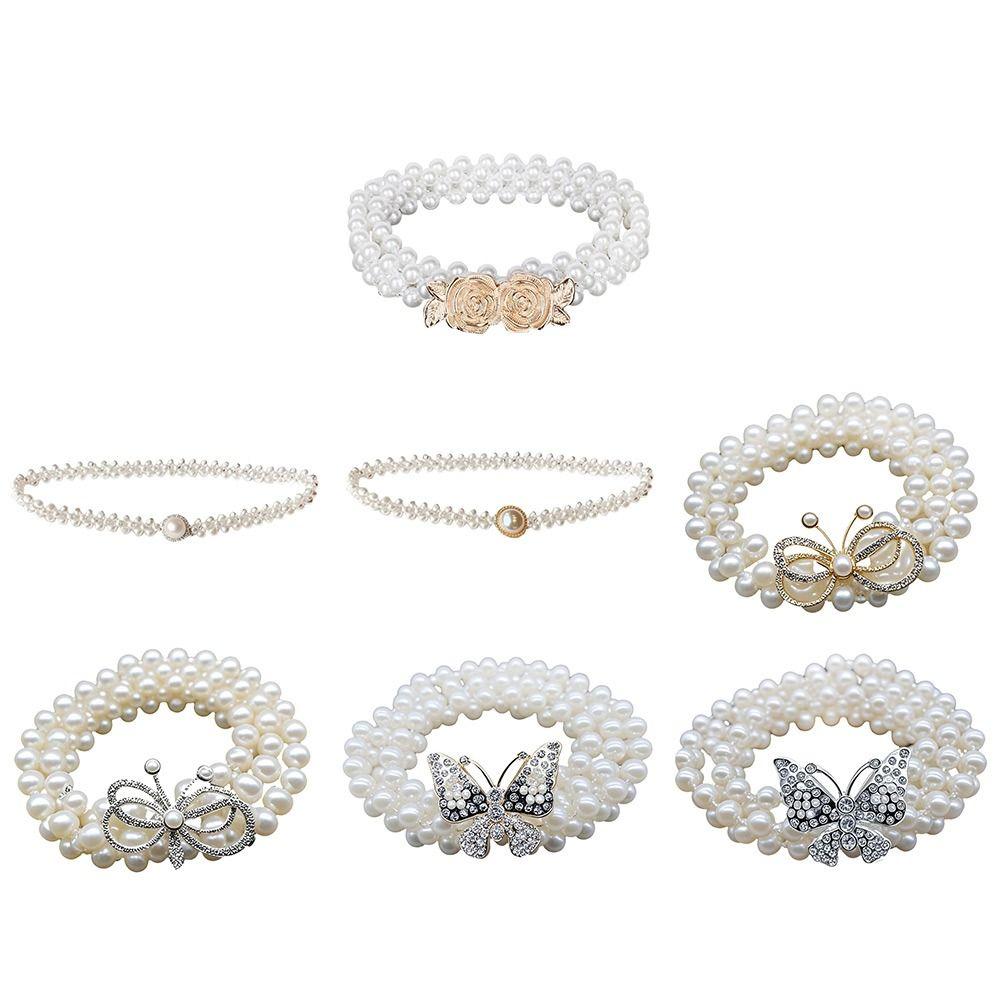Luxury Butterfly Pearl Belt Pearls and Rhinestones Elastic Waist Bands For Women Lady Girl