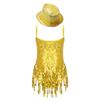 Girls Sleeveless V Neckline Mesh Patchwork Shiny Sequins Tassel Hem Leotard Hat Jazz Latin Dance Costume
