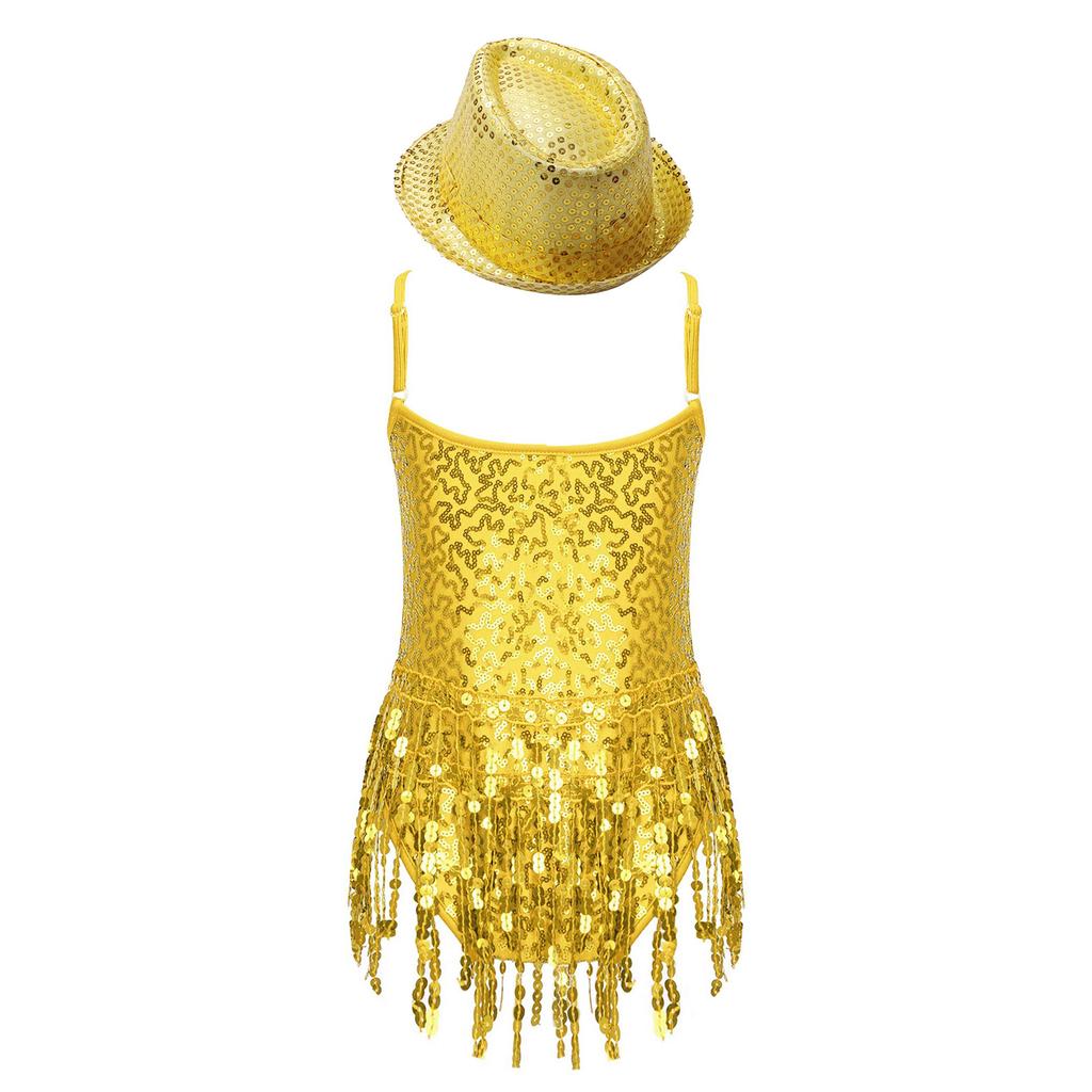 Girls Sleeveless V Neckline Mesh Patchwork Shiny Sequins Tassel Hem Leotard Hat Jazz Latin Dance Costume