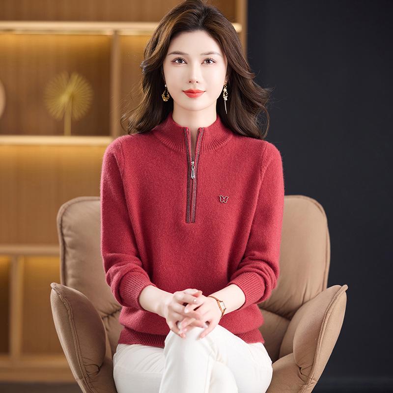 Women's Pure Wool Half-Zip Sweater - Stylish Winter Base Layer for Middle-Aged and Elderly