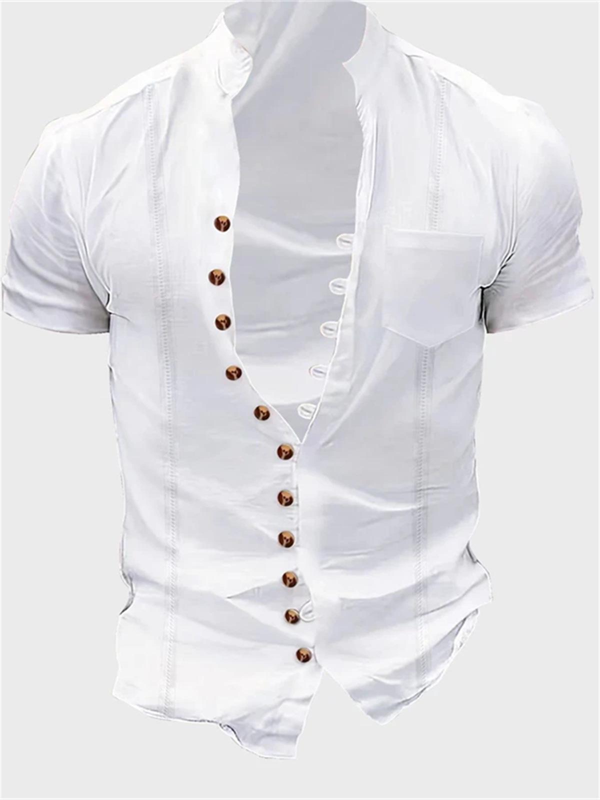 

Men s Short Sleeve Stand Collar Casual Shirt with Metal Buttons and Chest Pocket, Multiple Colors S белый