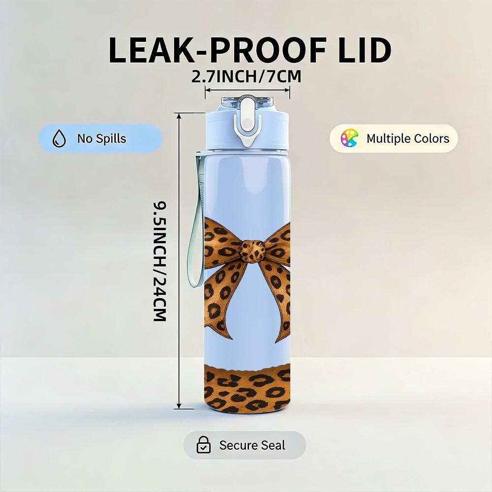 1PC Leopard Print Bow Knot Motif 750ml Color Plastic Sports Water Bottle Leakproof Flip Straw Lid For Sports Office Home Use
