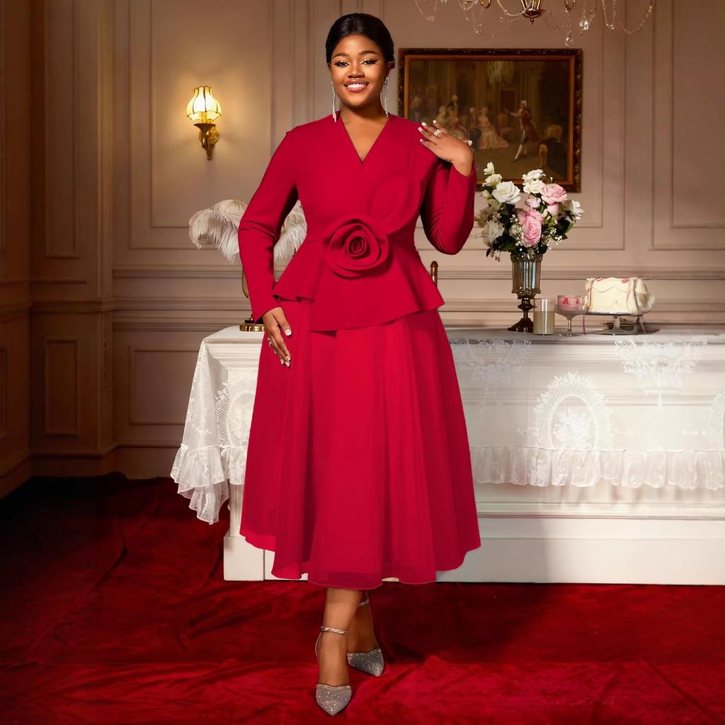 Plus Size Women's Long Sleeve 3D Flower Dress, V Neck Slim Waist Ruffled Hem Evening Party Gown