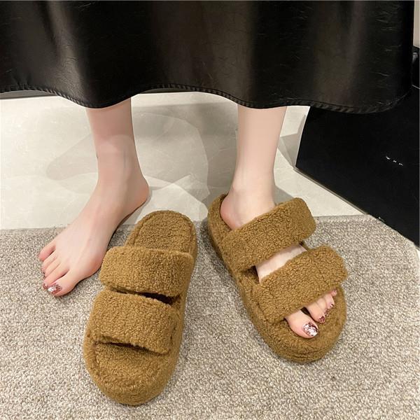 Fashion Med Shoes Woman 2024 House Slippers Platform Fur Flip Flops Pantofle Flock Plush New Massage Flat Hook & Loop Slides with Fur Ro