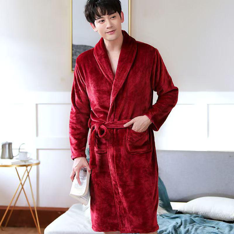 Men's Mid-Length Plush Coral Fleece Flannel Bathrobe for Autumn/Winter