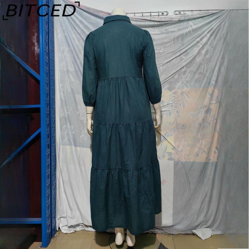BITCED Women's Fashion Spring Autumn Solid Color Print Long Sleeve POLO Neck High Waist Casual Dresses