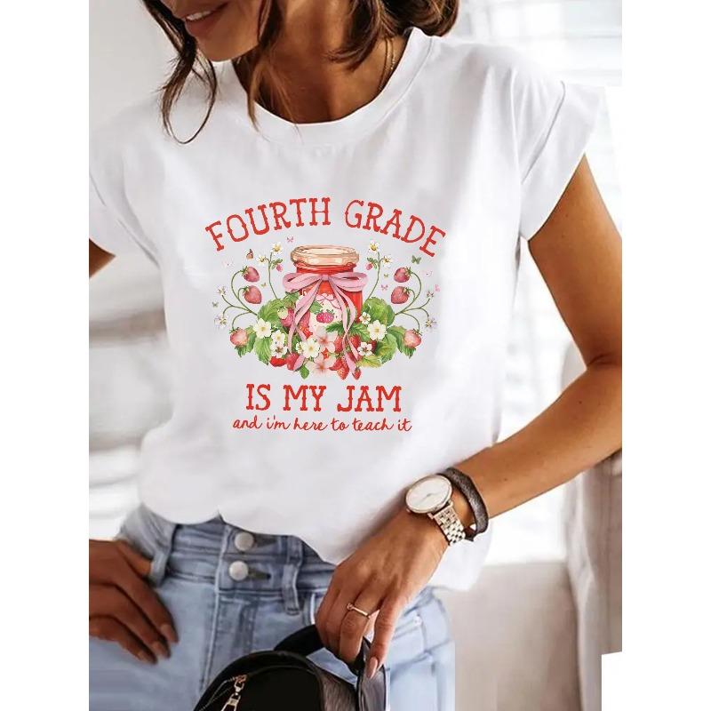 Strawberry Print Tshirt, Short Sleeve Crew Neck Casual Top for Summer Spring, Women s Clothing S белый