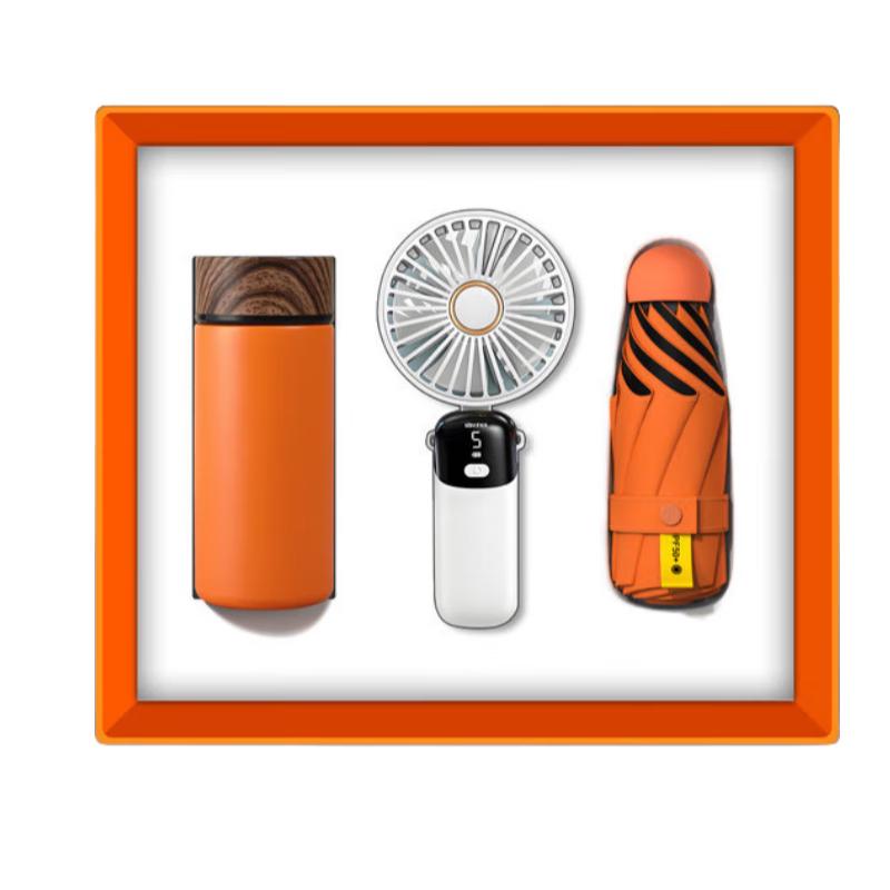 Orange Practical Gift Set: Thermos, Handheld Fan & Trendy Umbrella