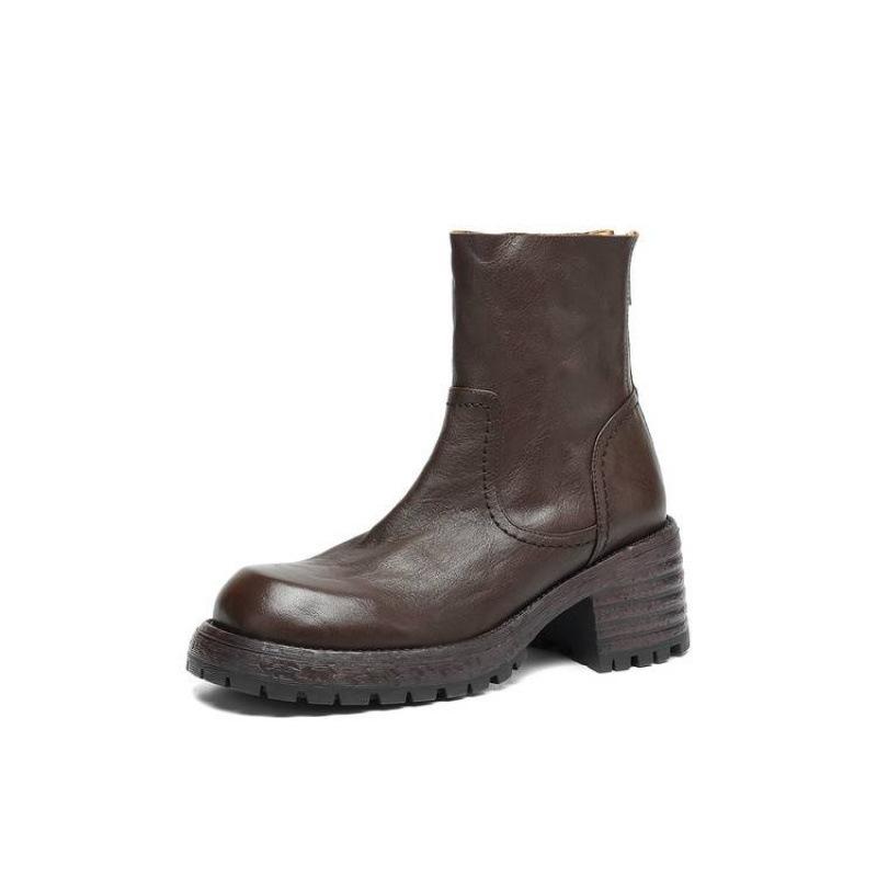 Autumn and winter leather Martin boots solid color medium heel round head versatile large size women's boots cowhide zipper medium tube women's l