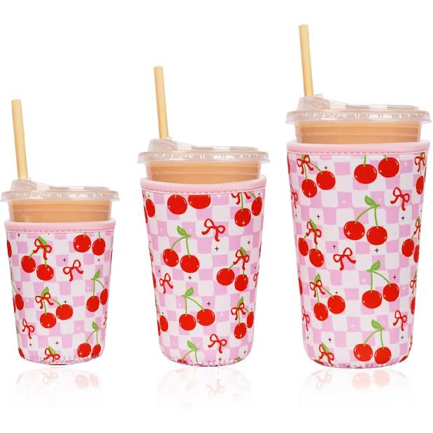 Reble Ulated Neoprene Iced Coffee Cup Sleeve, Durable Drink Sleeve for Cold Beverages, Beverage Holder for Iced Coffee, Floral Checkers