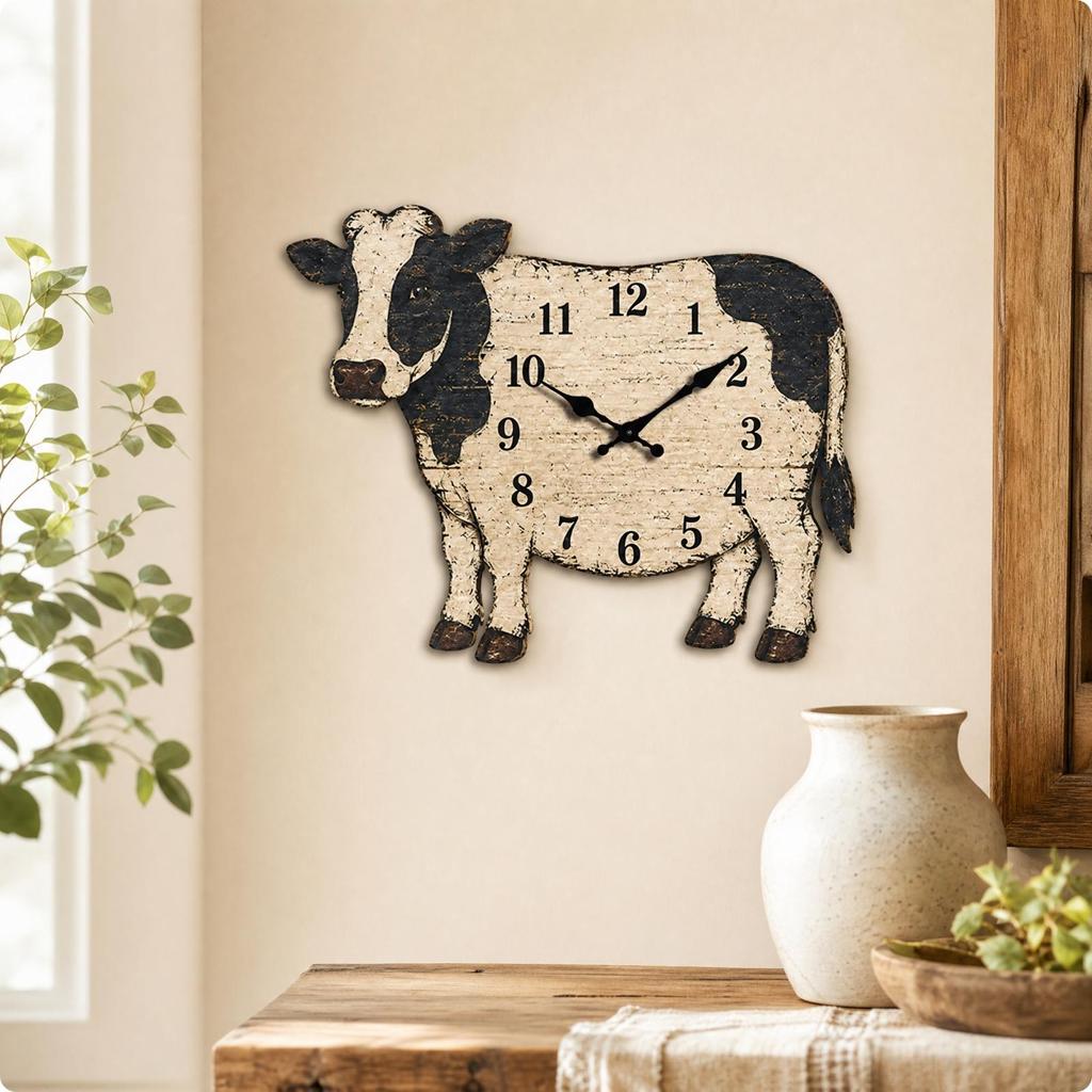 CowShaped Wall Clock FarmhouseStyle Rustic Vintage Distressed for Living Room, Dining