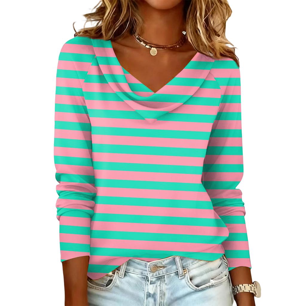 Ladies' striped printed casual and fashionable long sleeved pullover top
