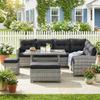 5-Piece Rattan Patio Furniture Set with Corner Sofa, Footstools, Glass Coffee Table, Cushions, Mixed Grey