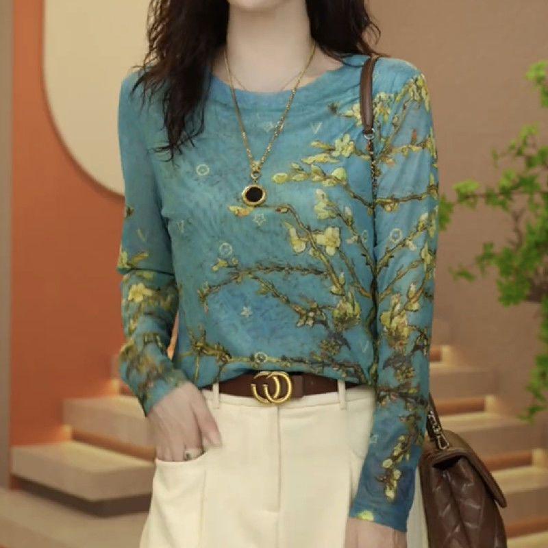 Women s Long-Sleeve Slim-Fit Mesh Shirt - High-End Fashionable Spring/Autumn Print Top XL