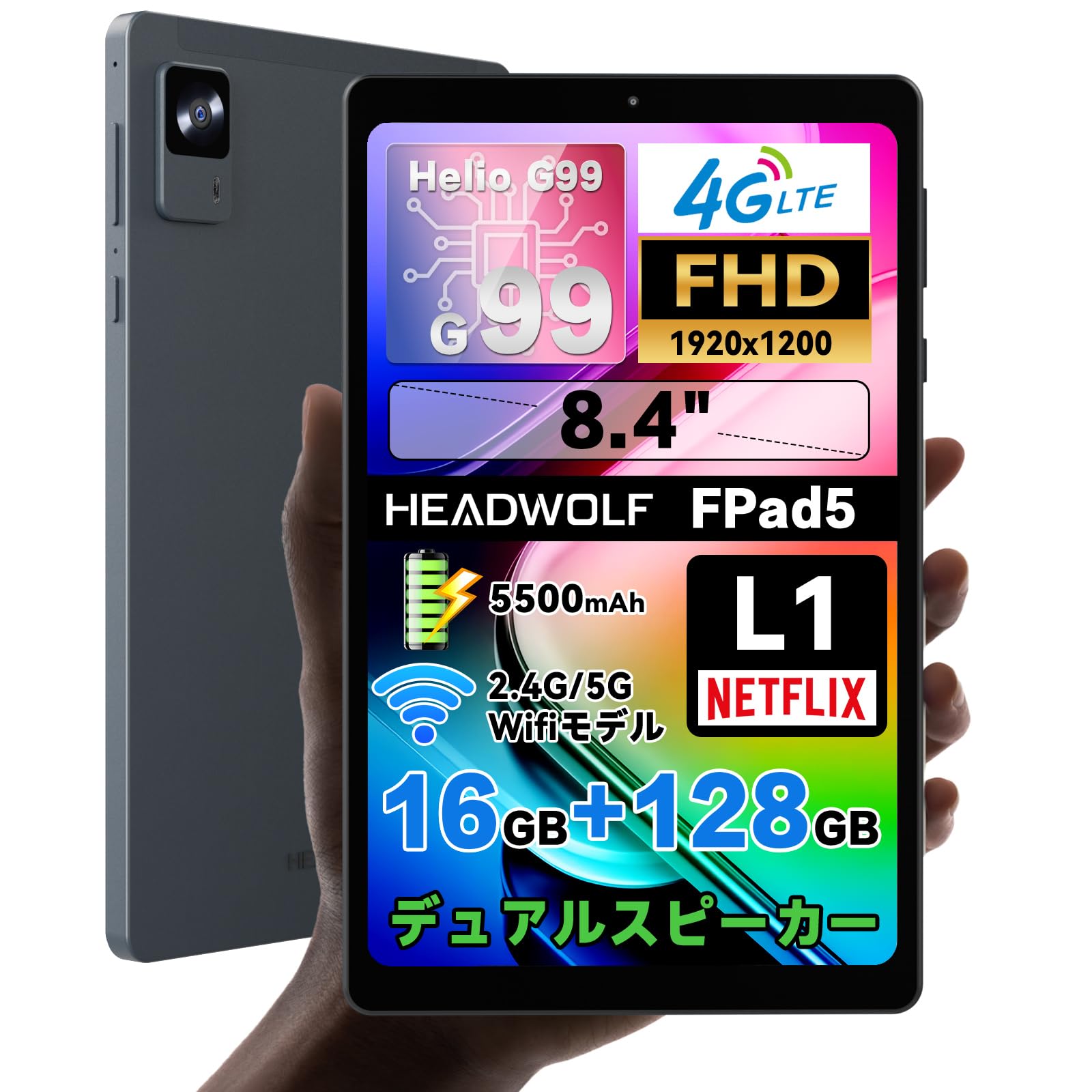 

G99 Headwolf FPad5 Android 14 Widevine L1 1920x1200 FHD 16 ГБ 128 ГБ 2 ТБ SIM 4G LTE Розпізнавання обличчя Бездротовий та GPS 8-дюймовий планшет, Сумісний, Екран In-Cell, сірий колір