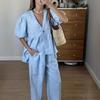 Women Spring Summer Holiday Pant Set Suits Cotton Solid Outfits V-neck 2 Two Piece Matching Set for Women
