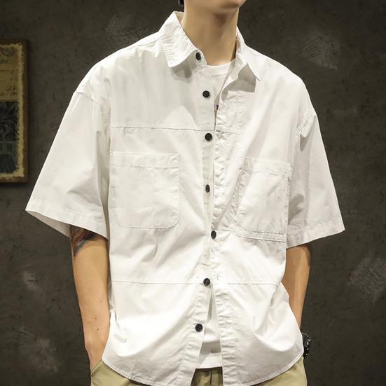 Spring Men Cargo Shirt Turn-down Collar Single-breasted Loose Mid Length Solid Color Chest Pocket Breathable Soft Short Sleeves Streetwear Outdoor Top