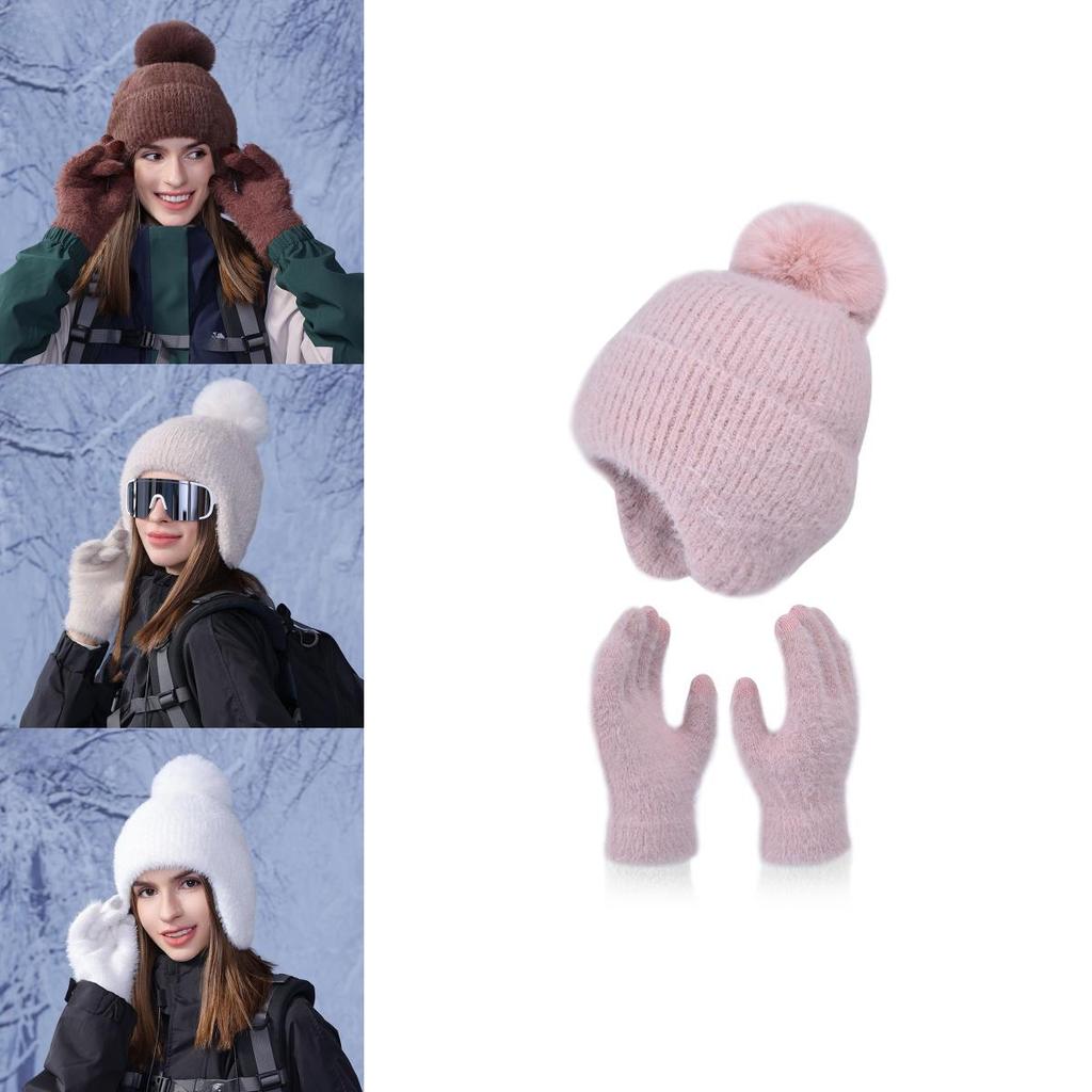 Winter Knit Hat And Gloves Set With Windproof Fleece For Ladies Outdoor Warmth Comfort