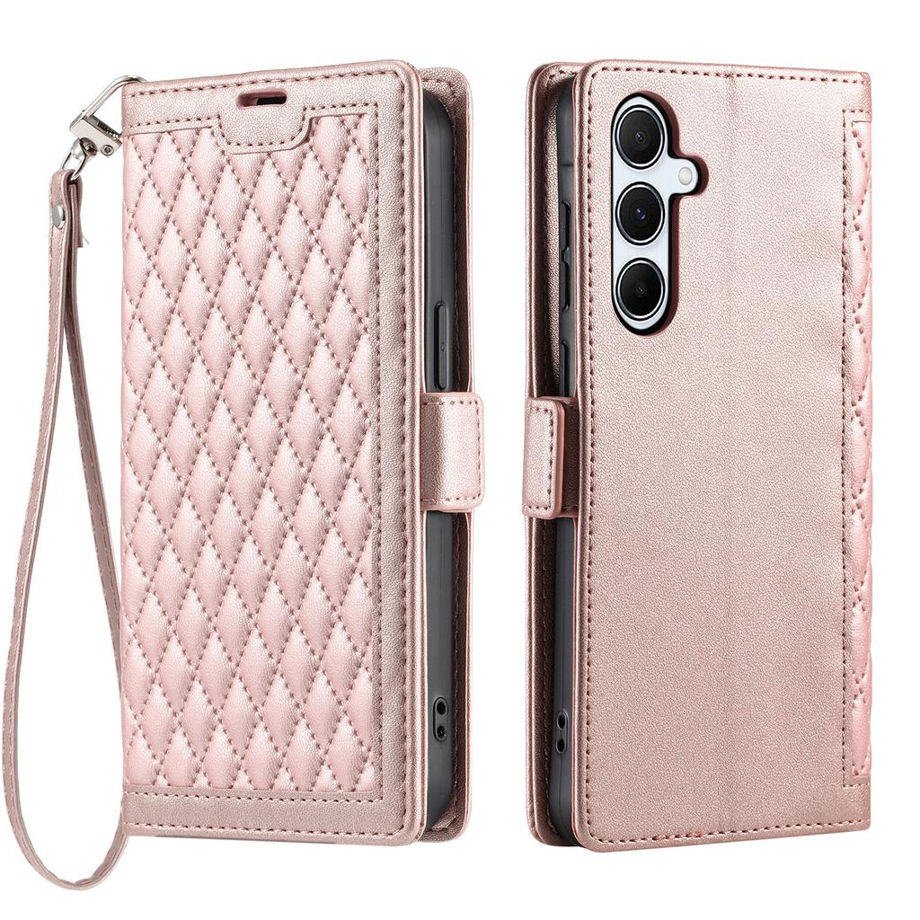 For Samsung Galaxy S26+ Leather Case Rhombus Texture Wallet Stand Phone Cover with Wrist Strap