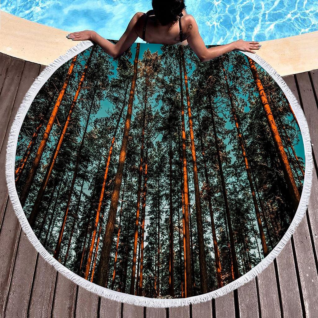 Forest Round Beach Towel Natural Scenery Beach Blanket with Tassels Microfiber Country Woodland Tree Circle Bath Towel Yoga Mat