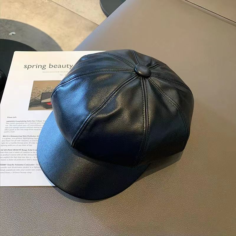 Vintage PU leather Women Beret Hat Solid Color Octagonal Newsboy Cap Outdoor Ladies Girl French Artist Caps