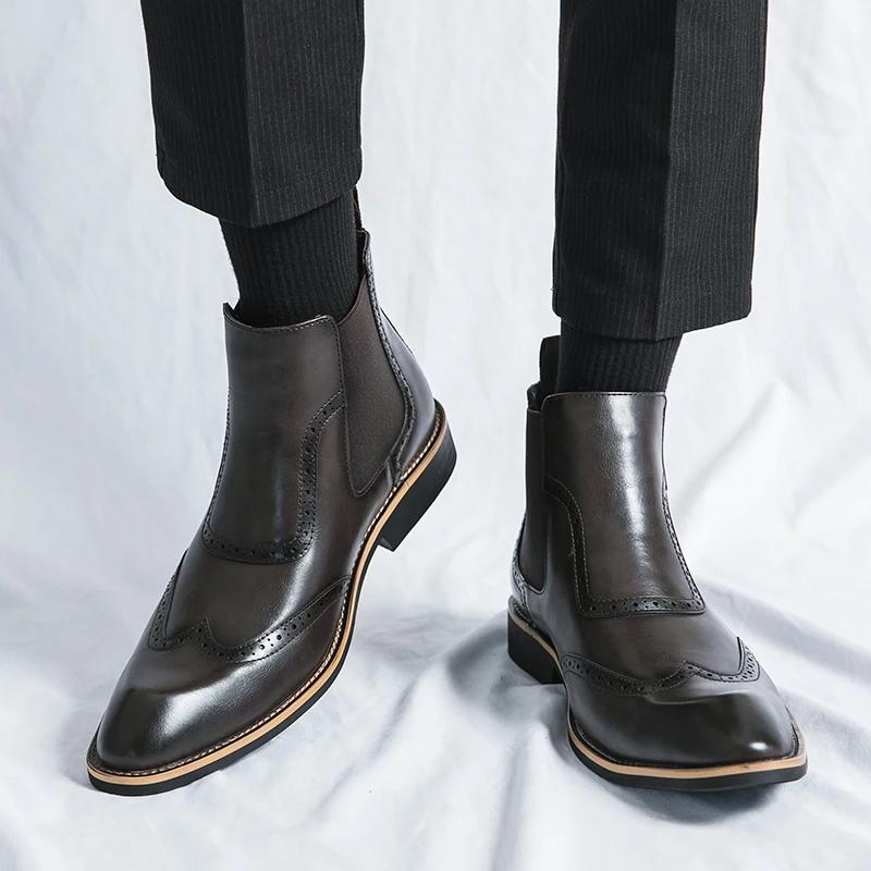 Men Business Pointed Toe High Top Ankle Boots With Elastic Band On Both Sides