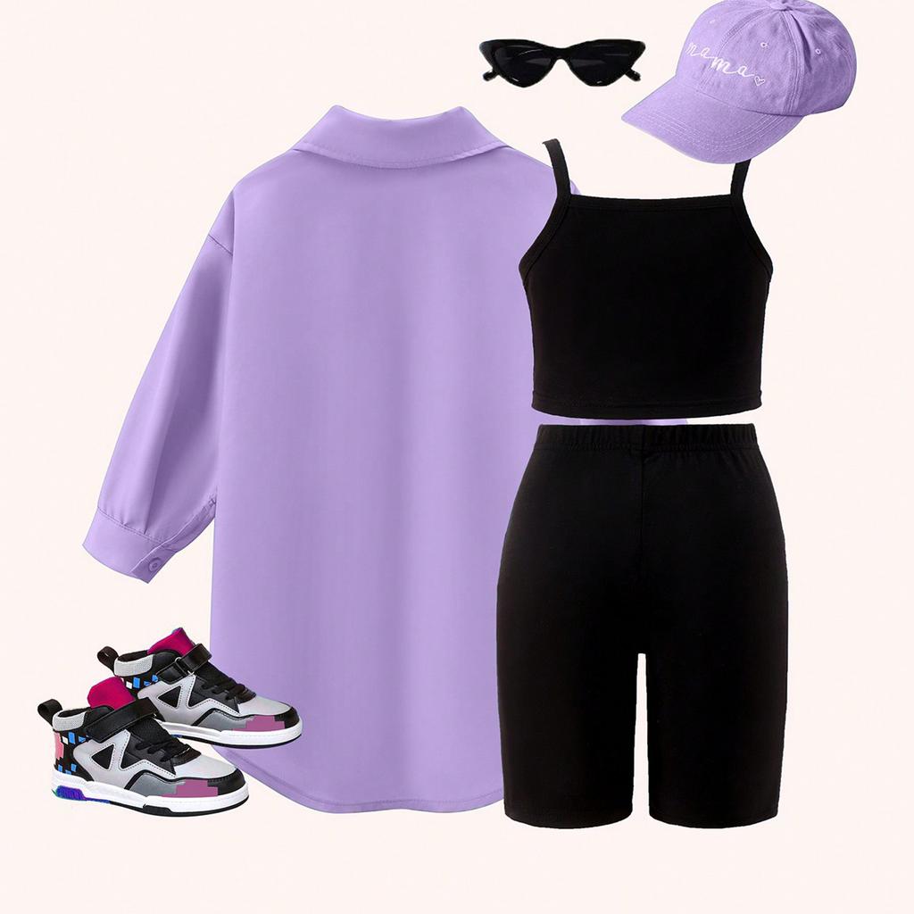 Girls' Leisure Suit Spring and Autumn Children's Solid Color Suspenders + Quarter Pants + Long Sleeve Jacket Three-piece Set