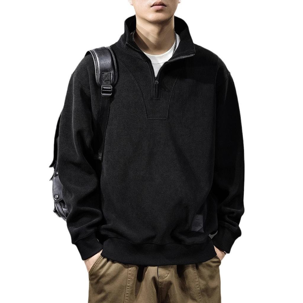 Autumn Heavy Chenier Bar Sweater Men'S American Loose Large Size Half Zipper Stand-Up Neck Long Sleeve Polo Shirt