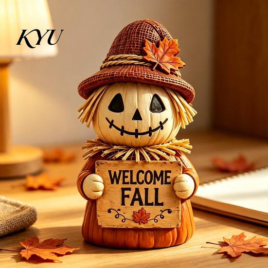 Home Entrance Autumn Decor Fall Scarecrow Figurine, Wooden Pumpkin Statue, Rustic Versatile Festival Soft Furnishings Harvest Tabletop Decoration for