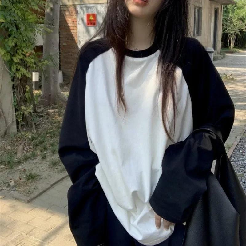 Casual Oversized T-Shirt Y2k Tops Harajuku Long Sleeve O-Neck T-Shirts Spring Autumn Black White Patchwork Tees Women Streetwear