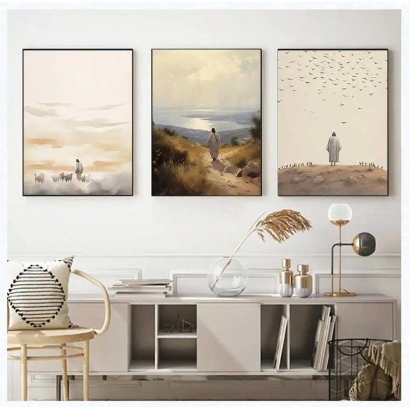 Sheep Kids Back Shadow Poster Print Canvas Printing Wall Art Picture for Living Room Nursery De Watercolor Christianity Jesus