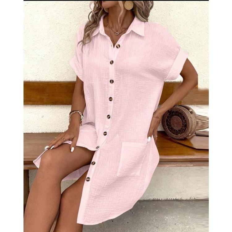 Loose Casual Midi Dress Women Solid Color Single Breasted Short Sleeve