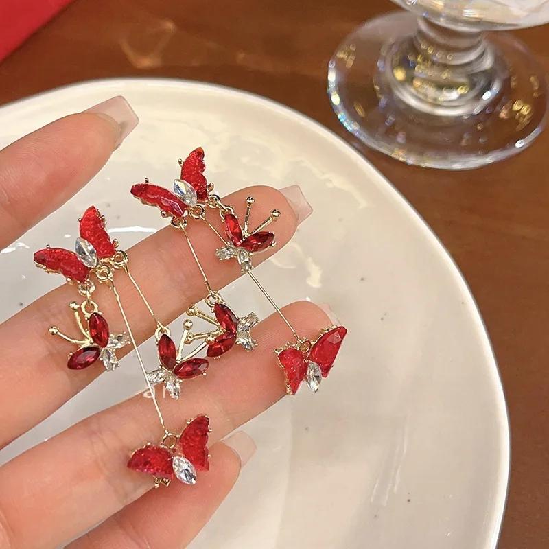Red Crystal Butterfly Tassel Pendant Earrings for Women Able Personalized Daily Accessory Party Jewelry Birthday Gifts