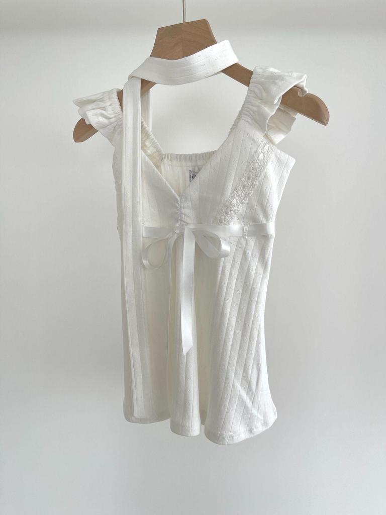 Angel Number 555 Sweet & Spicy V-Neck Lace Ribbon Top with Flutter Sleeves & Scarf