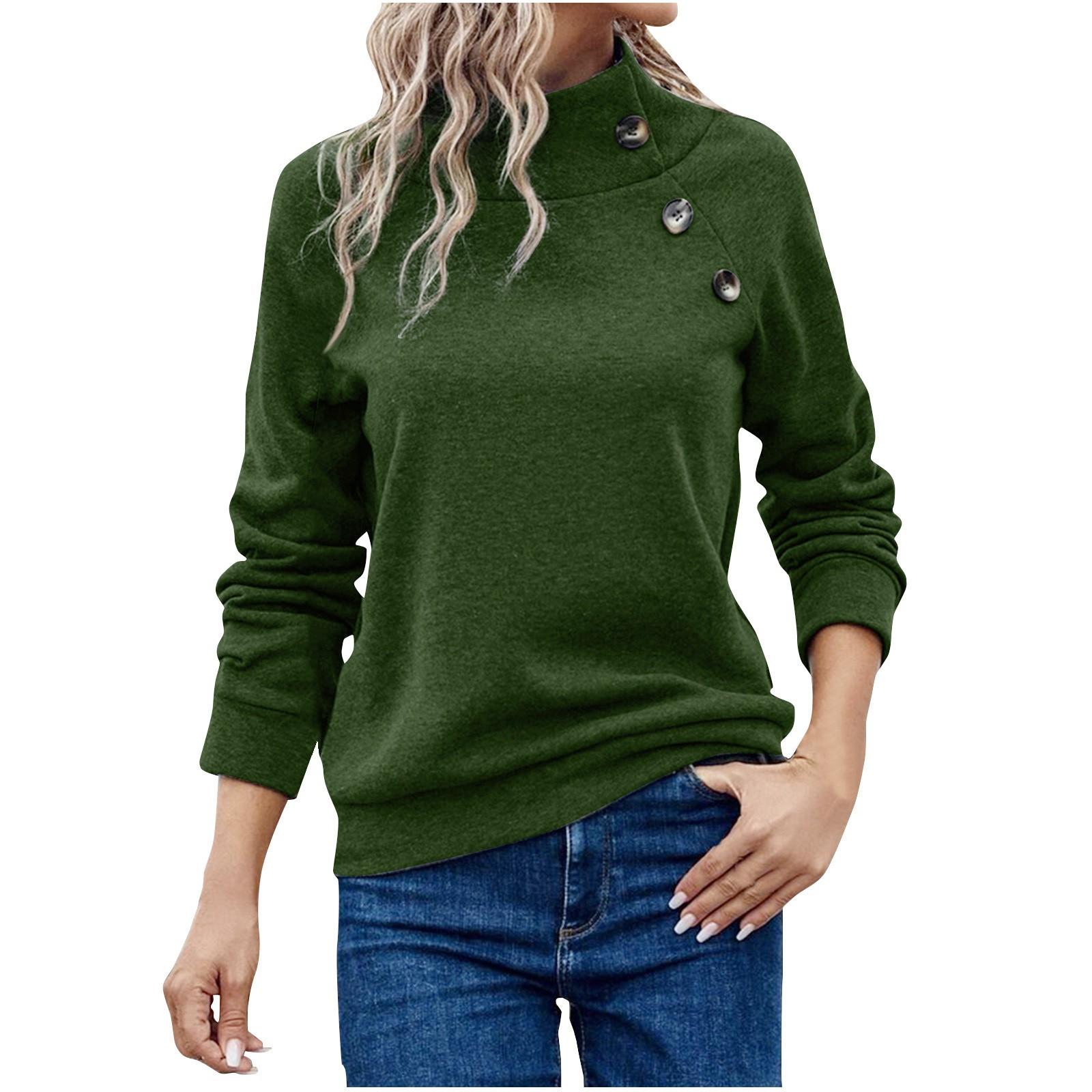 

Женская модная повседневная однотонная толстовка с высоким воротом и пуговицами, свободная, с длинными рукавами XL зелёный