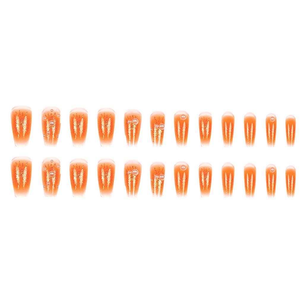 24 Pieces Orange Gold Fake Nails 3D Gold-Plated Pearl Luxury Design For Party And Festival