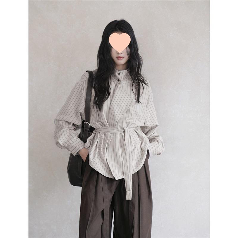 Er Yang Design Women s Autumn High Neck Striped Lace-up Shirt - Versatile, Loose Fit S