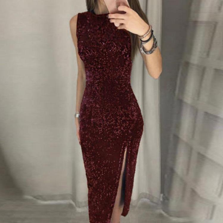 Sequin Shiny Women Long Sleeveless Bodycon Dress Evening Party Wedding Formal Hip Package