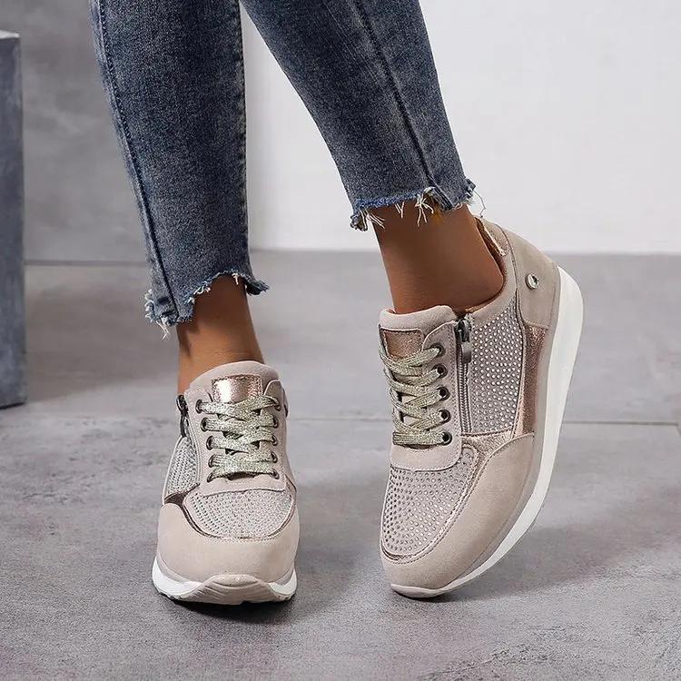 Women Sneaker Autumn Lace Up Vulcanized Shoes Woman Casual Platform Female Sequined Cloth Shoes Ladies Flat Footwear